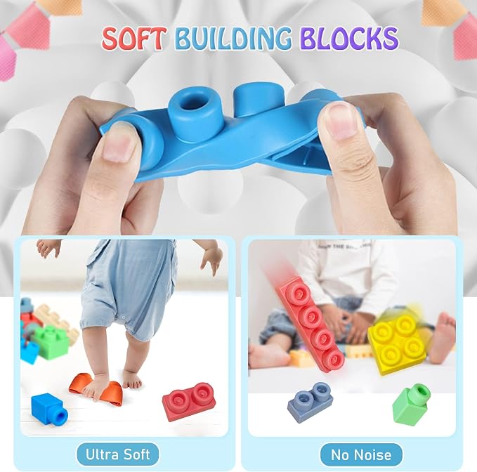 Baby Building Blocks Set, 80PCS Blocks for Babies 6 Months and Up | Rubber Soft Blocks with Storage Bucket, Large Building Blocks, Educational Stacking Toys, Toddler Gifts