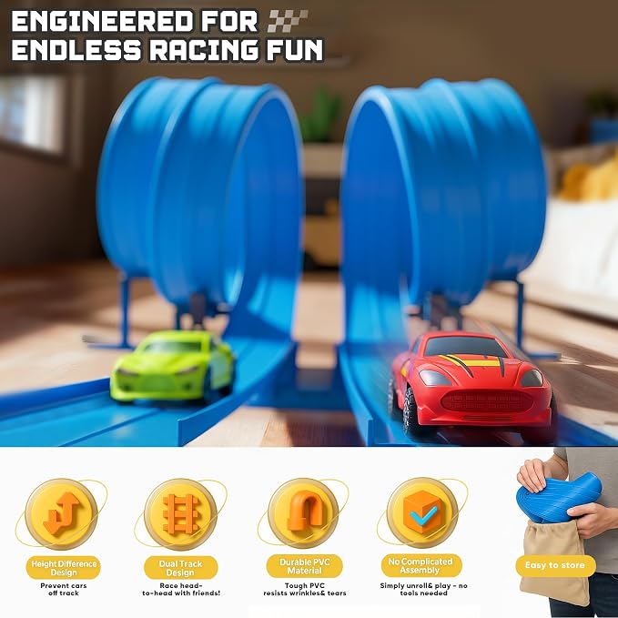15.75 Ft Flex Track for Kids, Flexible Race Track Compatible with Hot Wheels and Diecast 1/64th Cars, Roll-Up Portable Race Car Ramp Track with Suction Cups & Track Anchors & 4 Race Cars, Blue