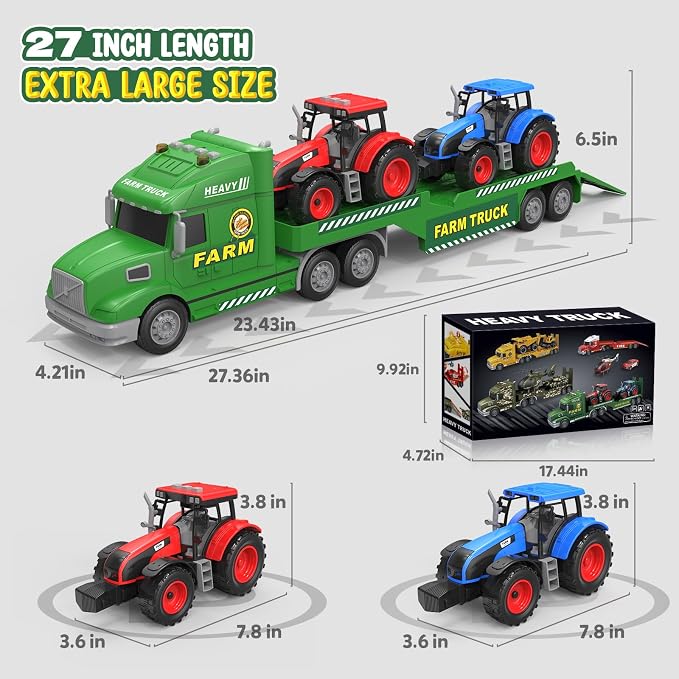 Toddler Toys for 3 4 5 6 Year Old Boys - 27" Large Semi Farm Truck Toy with 2 Tractors, 3-in-1 Friction Powered Transport Vehicle with Lights Sounds, Christmas Birthday Gifts for Boys Kids Age 3 4 5 6