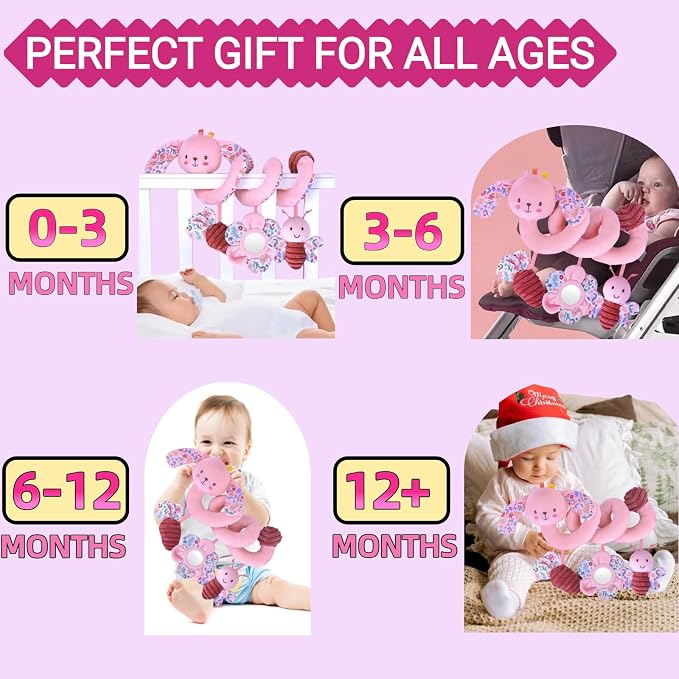 Spiral Car Seat Toy for Babies 0-6-12 Months Girl, Stroller Hanging Baby Toys 0-3-4-5-6-7-8-9-12 Month Old Newborn Infant Toddler Rabbit Gifts Travel Carseat Mirror Crinkle Bunny Accessories
