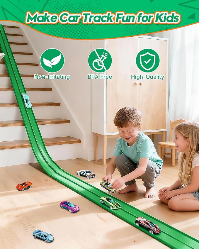 Flex Track 15 Ft Flex Race Car Track with 6 Toy Cars, Portable DIY Racetrack Compatible Diecast 1/64th Cars for Ages 3 Up with Suction Cups, Birthday Gifts for Boys(Green)