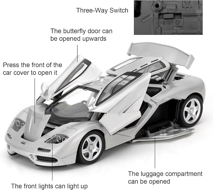 1/32 Car Model Compatible for Collectible McLaren F1 Supercar Diecast Toy Car, Zinc Alloy Pull Back Vehicles Toy with Sound and Light for Adult Boys Girls 3 4 5 6 7 8 Silver