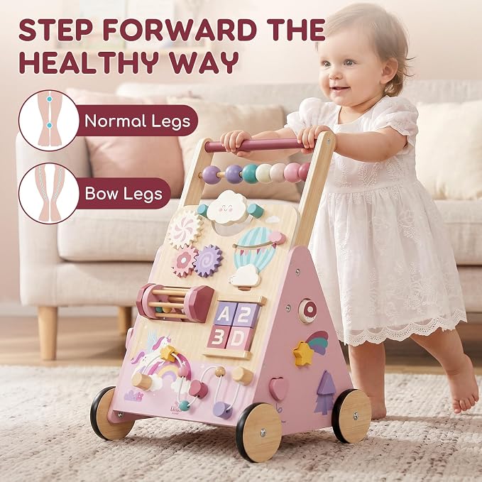 Lehoo Castle Unicorn Wooden Baby Walker, Adjustable Speed Baby Push Walker | Push Walker with 10-in-1 Activity Center, Montessori Walker Toy for 1 Year Old Girls Learning to Walk