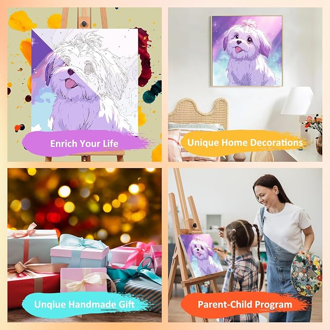 Paint by Numbers Kit for Kids with Frame, Dog Paint by Numbers for Kids Ages 4-8-12, DIY Dog Acrylic Oil Painting for Home Wall Art Decor 7.8x7.8 inch (with Frame Easel)