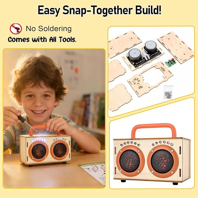 STEM Science Toys for Boys Girls Age 8-12, DIY Bluetooth Speaker Kit No Soldering, Wooden Electronics Building Set with LED Light, Build Your Own STEM Gift for Teens Kids Birthday