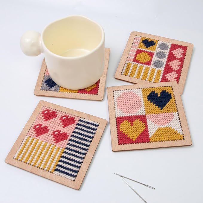 Yushen 4Pcs Heart Coaster Needlepoint Kit for Adult Cross Stitch Kits DIY Adults Needlepoint Embroidery Starter Set with Patterns Embroidery Needles Threads Crafts (Love)