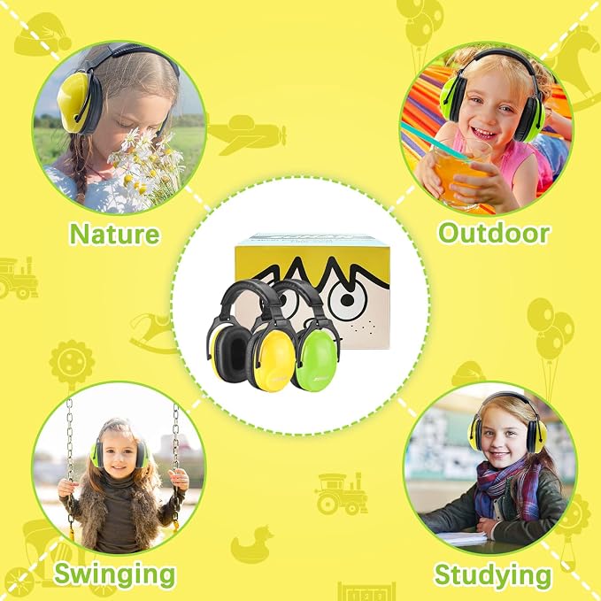 ZOHAN Kids Ear Protection 2 Pack, 25dB NRR Noise Cancelling Headphones for Kids, with Pillowy Pads, for Monster Truck, School, Autism, Sensory, Fireworks, Concerts, Events (Yellow+Green)