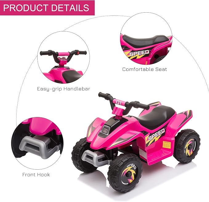 Aosom 6V Kids ATV 4-Wheeler Ride on Car, Electric Motorized Quad Battery Powered Vehicle with Forward/Reverse Switch for 18-36 Months Old Toddlers, Pink