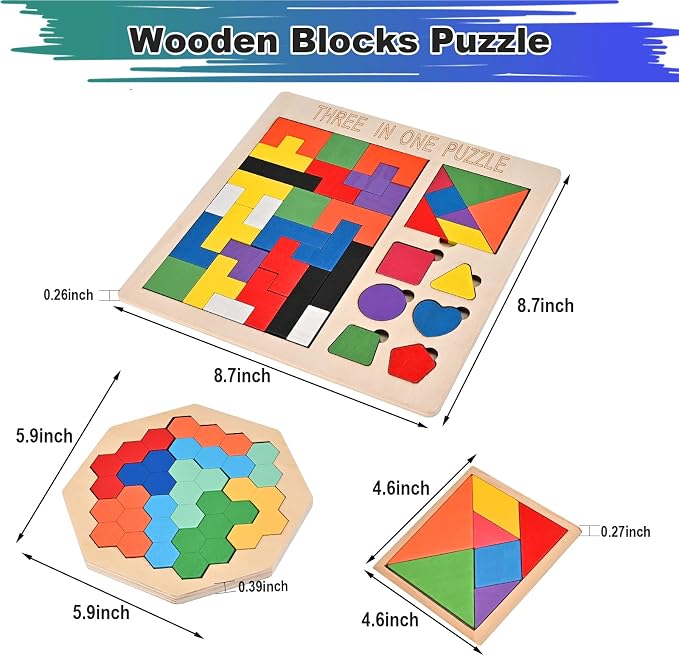 3 PCS Wooden Blocks Puzzles, 3-in-1 Russian Blocks Puzzle, Octagon Puzzle, Tangrams Puzzles, Brain Teaser Puzzles Game, Montessori STEM Educational Toys Gifts for Kids and Adults
