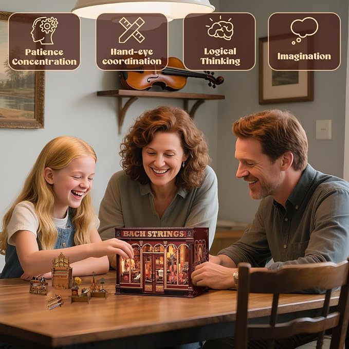 CUTEFUN Book Nook Kit - Musical Instrument Store Dollhouse Bookshelf Decor, 3D Wooden Puzzle Tiny House Miniature Model Building Kits, DIY Crafts Gifts for Adults Teens & Book Lovers (Bach Strings)