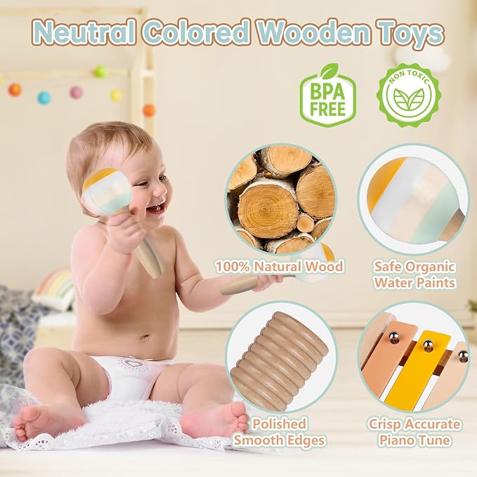 Baby Musical Instruments - Toddler Musical Toys Montessori Wooden Xylophone Maracas Tambourine Percussion Set for 18+ Months, Kids Educational Music Learning Toys, Birthday Gifts for Boys Girls