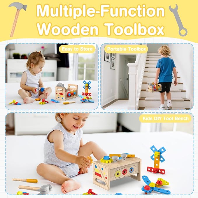 Montessori Toys for 2 Year Old Boy - Wooden Kids Tool Set with Apron | Toddler Bench STEM Educational Construction Toy for Ages 2-4, Pretend Play Birthday Gifts for Girls