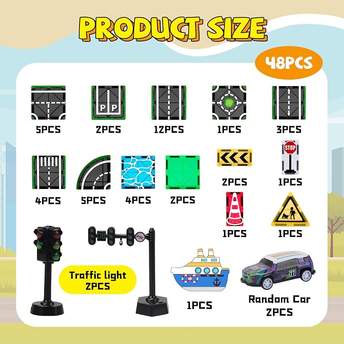 Magnetic Tiles Road Set with Pullback Car & Magnet Ship,Traffic Themed Magnetic Building Tiles Set with Traffic Light,STEM Magnet Tile for Kids Ages 3-5 4-8 5-7,Preschool Educational Kids Toys Gifts