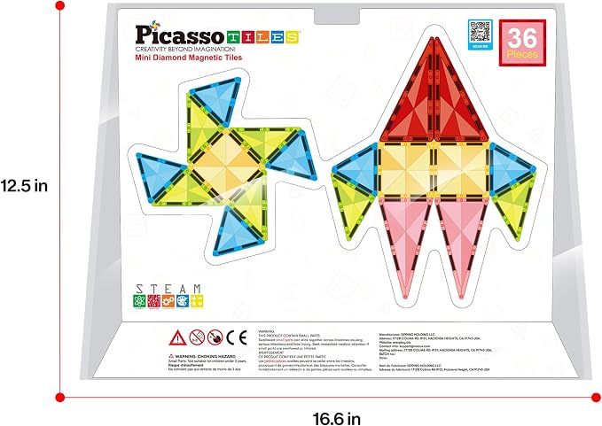 PicassoTiles 36pcs Mini Size Magnetic Tiles Magnet Toys Diamond Series Sensory Construction Building Blocks Set STEM Learning Travel Size Educational Toy for Kids Boys Girls Toddlers Age 3+ PTM36