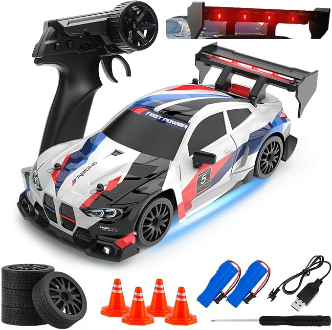 RC Drift Car, 1:24 Scale Remote Control Vehicle for Kids,2.4GHz 20KM/H 4WD High Speed RC Cars with LED Light, Two Batteries & Drifting Tires Racing Sport Toy Cars for Adults Boys Girls Kids 8607WH