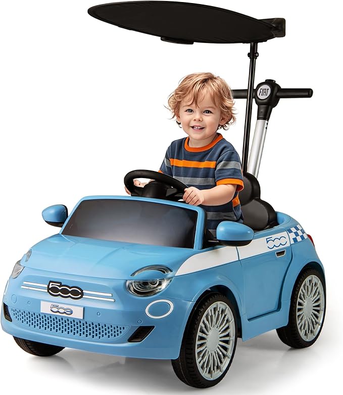 OLAKIDS Push Car for Toddlers, 3 in 1 Licensed Fiat 500e Baby Sliding Walking with Parent Control Handle Adjustable Canopy Footrest, Kids Ride on Toys with Horn for Boys Girls (Blue)