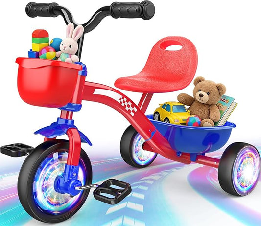 Tricycle for Toddlers 1-3 3-5 Year Olds, Unicorn Toddler Bike Baby Balance Bike with Colorful Lighting Wheels & Large Basket, Birthday Gift and Toy for 1 2 3 4 5 Year Olds Girls Boys-red