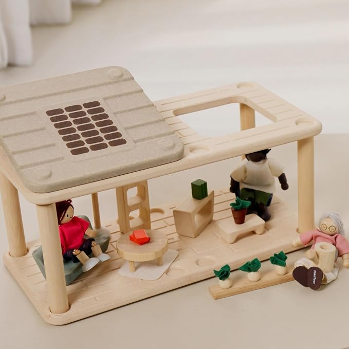 PlanToys® Wooden Dollhouse Gathering Room with Sunroom | Living Room Furniture Set with Sofa, Garden, Lamp & Accessories | Open Ended Role Play Space for Dollhouse Expansion
