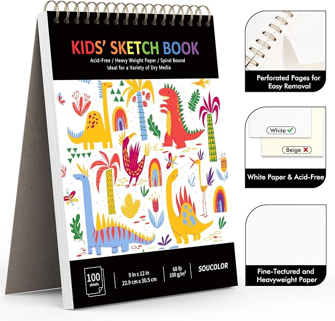Soucolor Sketch Book for Kids, 9" x 12" Kids Sketchbook | 100 Sheets |Acid-Free Drawing Paper |Spiral bound| Lightweight fine-texture matte