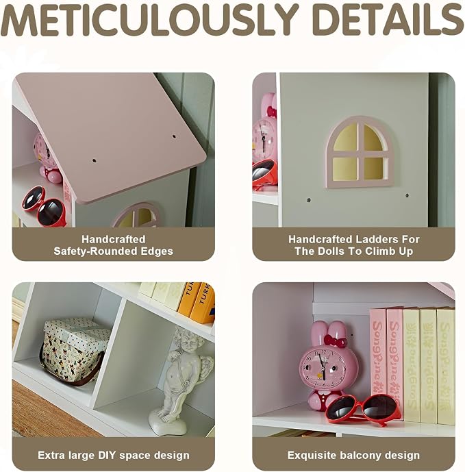 Kids Dollhouse Bookshelf and Toy Storage - Wooden Stand Dollhouse Bookcase with 3-Tier Storage Display, Bookshelf for Playing Room, Nursery, Gift for Boys Girls (6 Room - Pink with White)