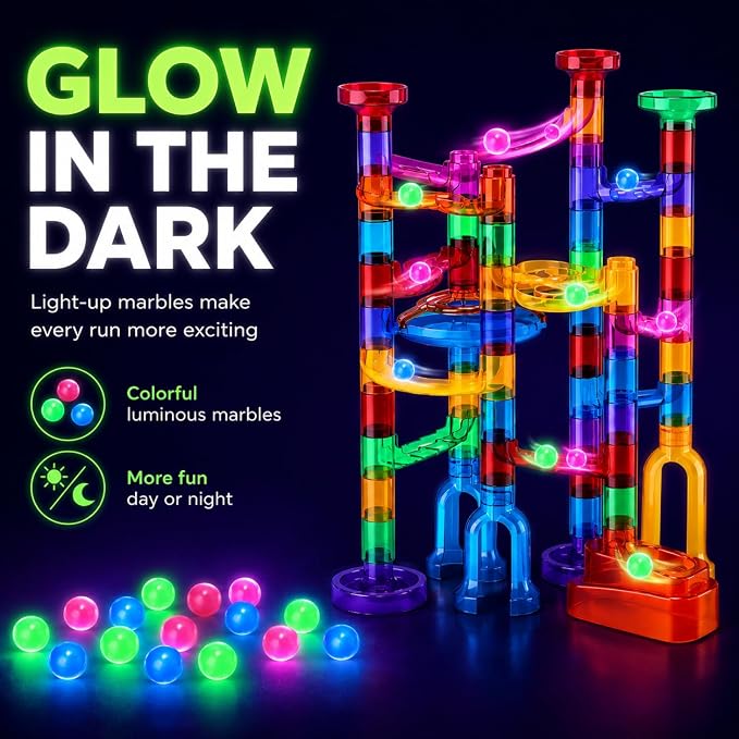 EagleStone 79PCS Transparent Marble Run STEM Maze Building Toy Play Set | 49 Track Pieces With Glow-In-The-Dark Glass Marbles, Building Toy For Kids Ages 3-12, Educational Gift For Boys And Girls