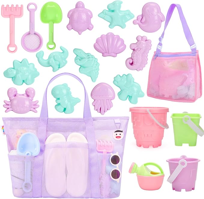 Tagitary Beach Toys for Kids and Mesh Beach Bag with Zipper, Large Beach Tote with 8 Pockets, Sand Toys Storage Pool Bag Beach Accessories for Sports Camping Picnic Travel