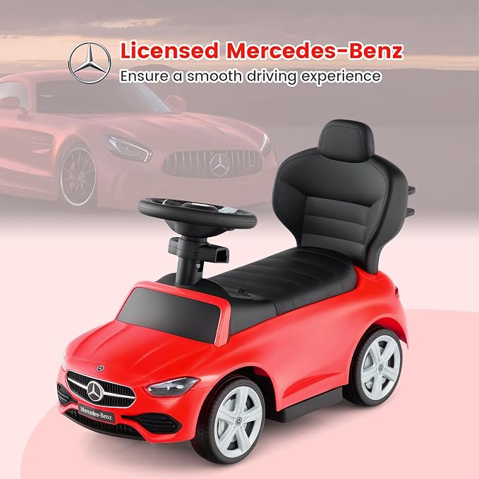OLAKIDS Push Car for Toddlers, 3 in 1 Licensed Mercedes Benz Baby Sliding Walking with Parent Control Handle Adjustable Canopy Guardrail Under Seat Storage, Kids Ride on Toys with Horn (Red)