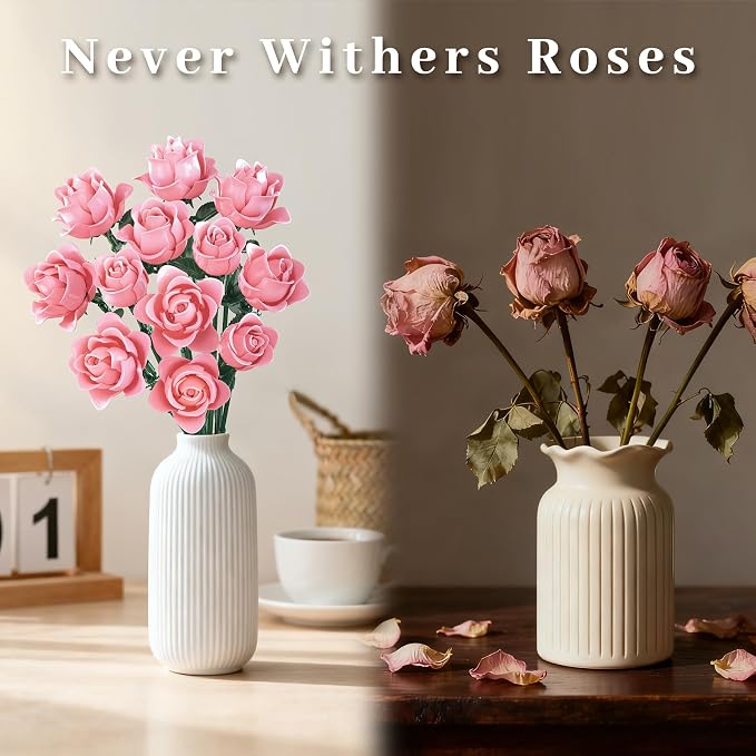 Pink Roses Flower Bouquet Building Set, Artificial Flowers Botanical Collection Compatible with Lego Flowers for Adults Christmas Anniversary Valentines Day Gifts