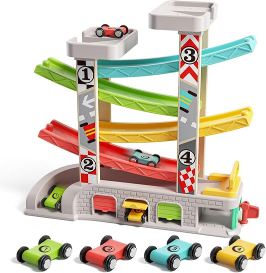 TOP BRIGHT Car Ramp Toys, Race Track Car Toy for Toddler Age 2-4 Year Old Boy with 4 Cars, Parking Lot & Gas Station, Toddler Montessori Toys and Birthday for Boys and Girls