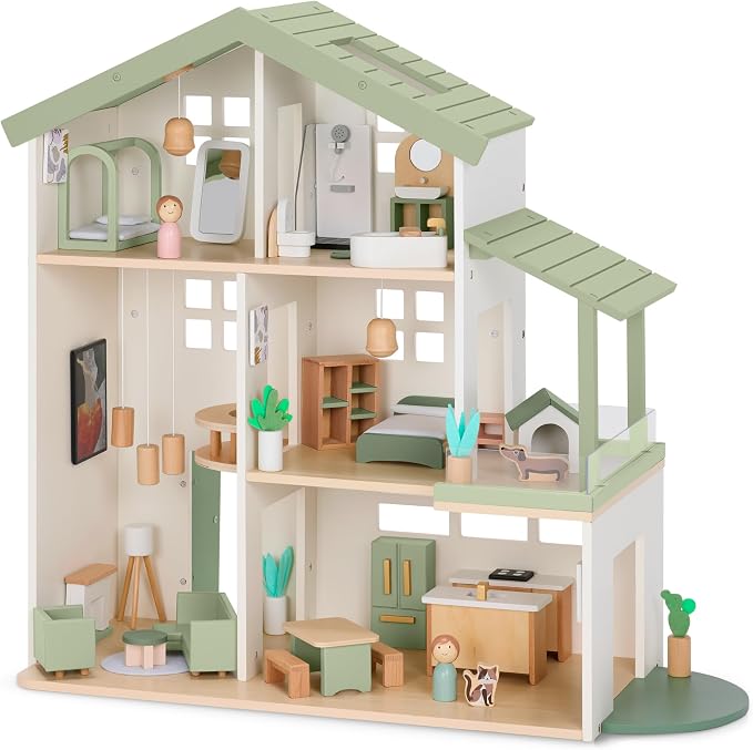 Best Choice Products Modern Wooden Dollhouse for Kids, 3-Story Doll House with 40 Furniture Accessories, Interactive Dollhouse Set with Dolls, Multi-Room Design for Girls & Boys - Sage