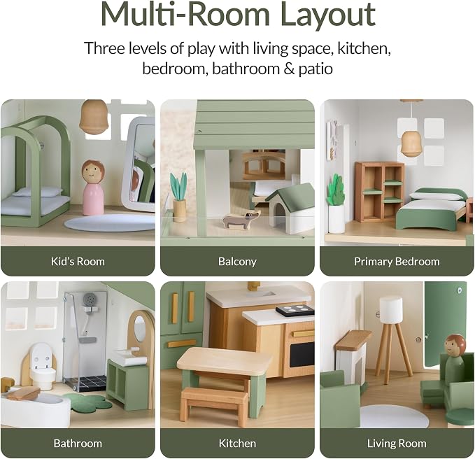 Best Choice Products Modern Wooden Dollhouse for Kids, 3-Story Doll House with 40 Furniture Accessories, Interactive Dollhouse Set with Dolls, Multi-Room Design for Girls & Boys - Sage