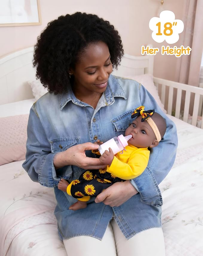 Aori Black Reborn Baby Dolls, 18 inches Real Black Baby Doll with Feeding Kit Included, Realistic Newborn Black Baby for Kids 3+, Birthday, Pretend Play