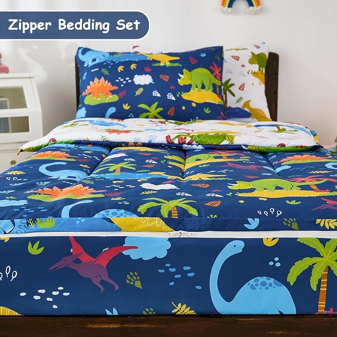 DJY Zipper Bedding Set Twin, Navy Blue Dinosaur Bedding Sets for Boys, Kids Comforter Set with Fitted Sheet Pillowcases, All in One Zipper Bed Set for All Seasons