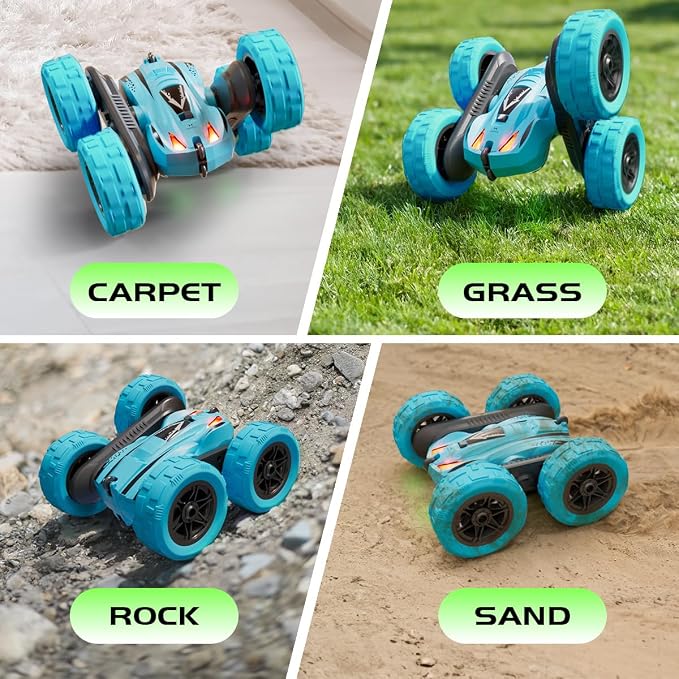 Remote Control Car, 4WD 2.4GHz Double-Sided RC Stunt Car, 360° Rotating Electric Rechargeable Toy Car with LED Lights, Gift for Boys Girls Ages 6+(Blue)