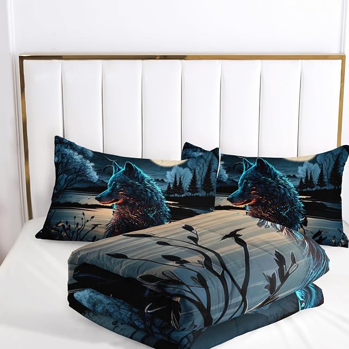 AILONEN Wolf Comforter Set - Queen Size, Boys Wild Animal Bedding Set, Safari Wolf Printed Duvet Set - 3 Pieces, 1 Quilt and 2 Pillowcases