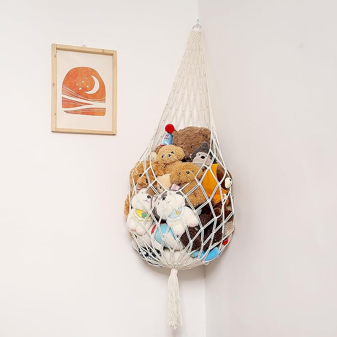 Amdermi Stuffed Animal Hammock Corner, Boho Macrame Plush Toy Storage Net for Wall, Hanging Stuffed Animal Holder for Nursery, Playroom, Kids Room, Cream