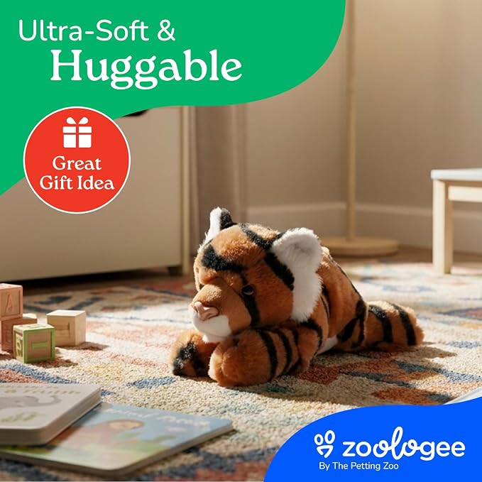 The Petting Zoo Tiger Stuffed Animal Plushie, Gifts for Kids, Scoopz Wildlife Animals, Orange Striped Tiger Plush Toy, 8 inches