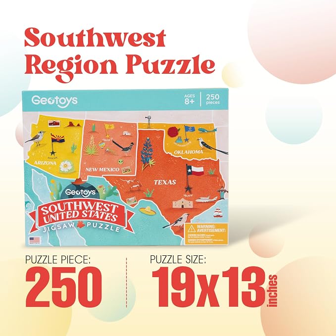 Geotoys Southwest Region Jigsaw Puzzle - Educational and Interactive Map Game - 250 Piece Puzzles - Jigsaw Puzzles for Kids Ages 8-12 - Kids Puzzle Games with Colorful Landmarks