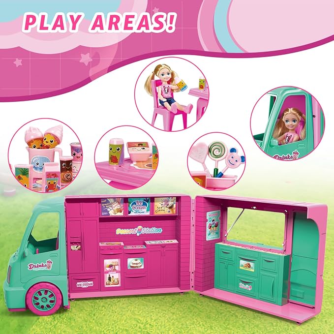 Dollhouse Ice Cream Truck Playset for Girls - Kids Kitchen Pretend Play Food Dessert Truck Toy with Doll, Table, Chairs & Accessories - Birthday Gift for 3 4 5 6 7 8 Year Old Toddler Children