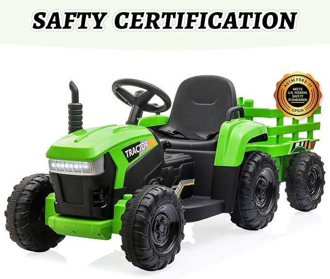 TOBBI Kids Electric Toy Tractor, 12V Battery-Powered Toddlers Ride On Car to Drive, Motorized Trailer Vehicle with 35W Dual Motor/6-Wheels/3-Speeds/LED & Horn Functions for Chirdren Aged 3-8-Green