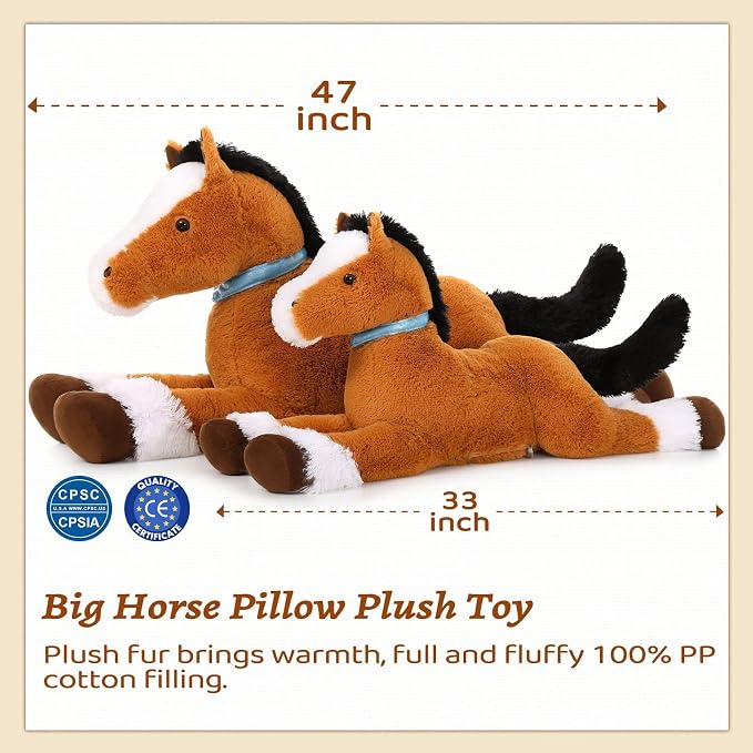MaoGoLan Giant Horse Stuffed Animal, Large Horse Plush Toy for Girl Boy Kids, Big Ridable Stuffed Pony Plush Pillow for Mother's Day Birthday Gifts or Party Favor Decor, 33 inches, Tan