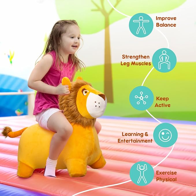 ZOOJOY Bouncy Animal Kids Lion Hopper Toys, Plush Animal Bouncy Toys for Toddlers, Indoor Outdoor Activity Ride Jumping Horse Gifts for 18 Months 2 3 4 Year Old Boys Girls (W/Pump