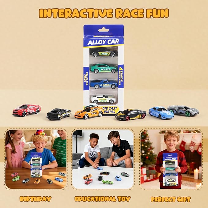 Die Cast Pull Back Toy Cars, 4 Pack 1:64 Mini Cars with (Middle) | 4 pull-back die-cast mini cars with a portable storage case for racing, collecting, sharing, and travel play.
