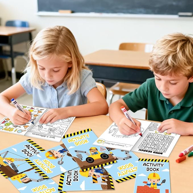 Dvbonike 24Pcs Construction Activity Books - Construction Vehicles Mini Fun Games Coloring Book Bulk with Excavator Forklift Truck Party Favors Goodie Bag Stuffers Classroom Rewards Supplies