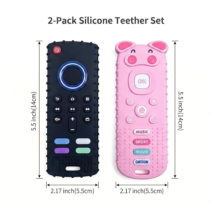 SOLIFEGOBLE 2 Pack Silicone Teething Toys, Cute Pig-Shaped Remote Control Style Teethers for Babies 6-18 18-24 Months, BPA-Free Soft Chew Toys for Teething Relief (Black+Pink)