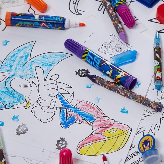 Sonic the Hedgehog Deluxe Activity Set, Carrying Tin & Art Supplies for Kid | 200+ Piece Art Set with Sonic Coloring Pages, Sticker Book, Markers, Crayons, Storage Tin, Knuckles, Shadow, Tails, Echidna