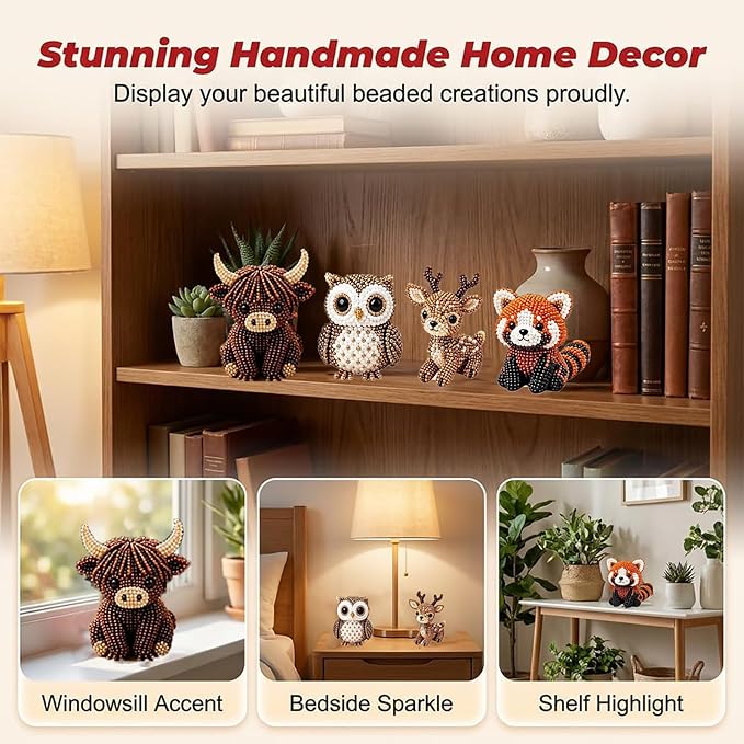 Temiaode 3D Beaded Animal Kit, 4 Pack DIY Bead Craft Set for Adults, Highland Cow Owl Red Panda Deer Beading Kit with Instructions, Creative Hobby Craft Gift for Animal Lovers