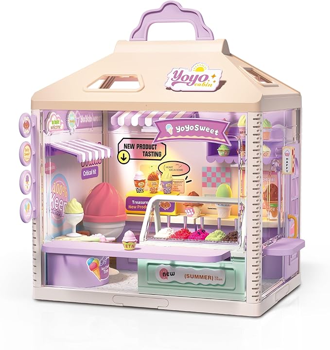 MINDNOOK DIY Miniature House Kit, LED Light-Up Dollhouse, Mini Dollhouse Building Set with Furniture, Craft Hobby Gift for Adults, Teens & Kids Ages 6+ (Ice Cream Shop)
