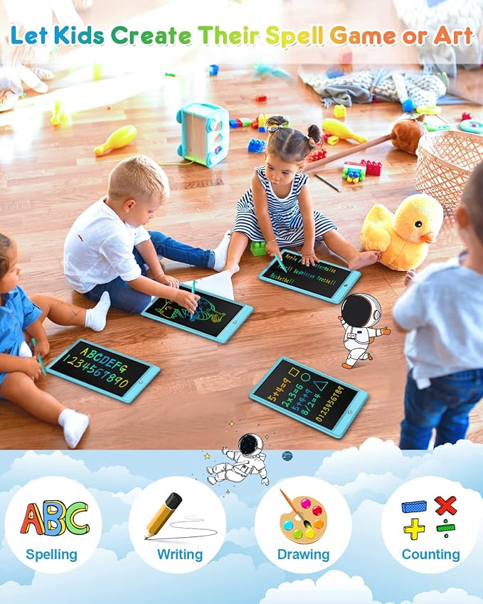 FLUESTON LCD Writing Tablet for Kids, 10 Inch Doodle Board, Colorful Drawing Pad for Toddler, Educational Travel Toy Gifts for 3-8 Year Old Girls Boys, Erase Lock Writing Board