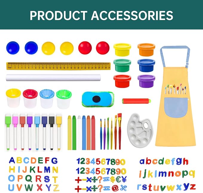 Double-Sided Chalk & White Board Magnetic Art Easel for Kids, Adjustable Height Wooden Easel with Alphabet Numbers, Paper Roll, Educational Toys for Toddlers